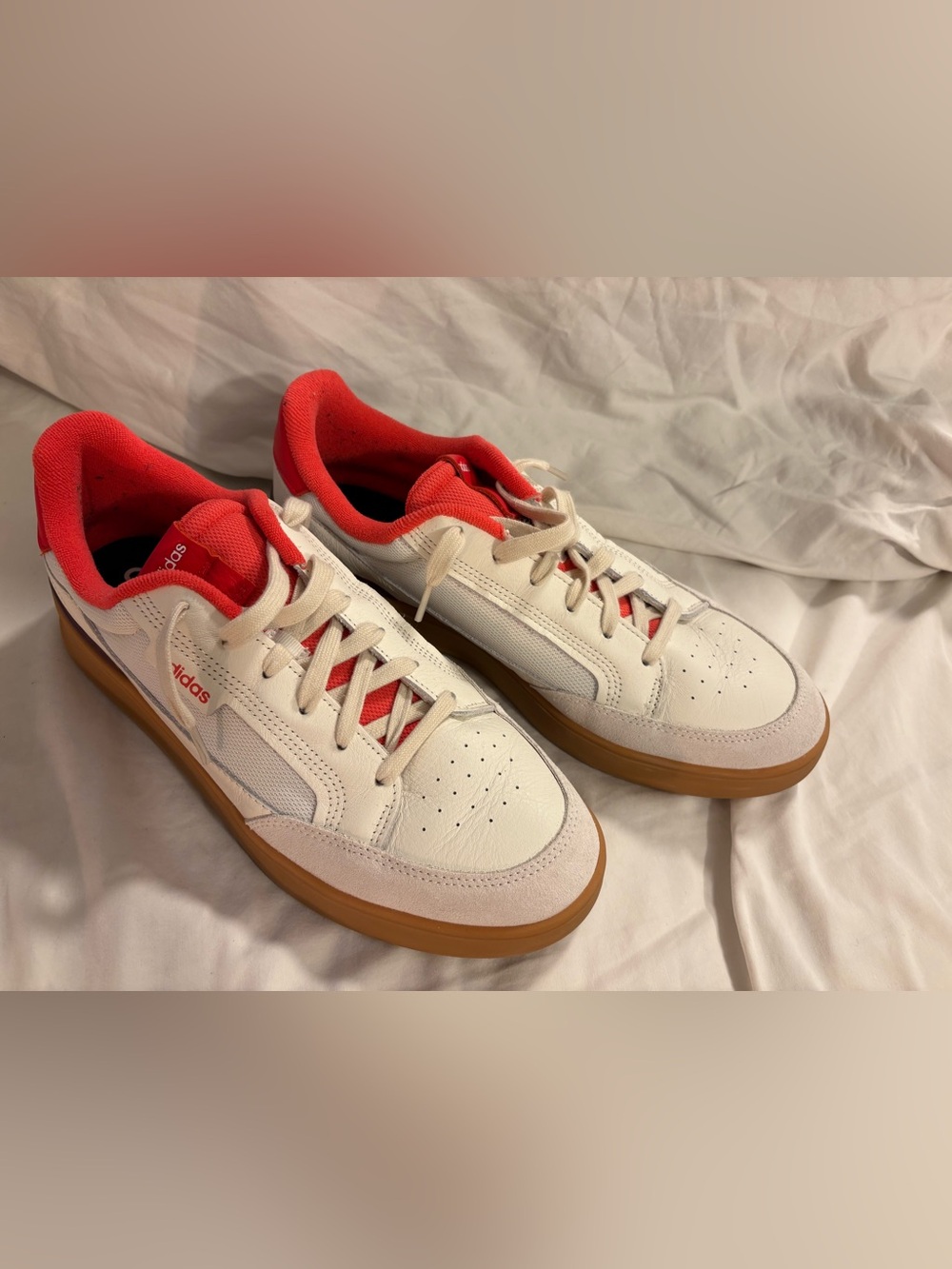 Adidas Cloudfoam Comfort White Leather Sneakers — Coral Red Accents — Size 12 🍒